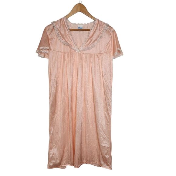 Vintage 70s Pink Peach Lace Trim Nightgown Satin Sheen‎ Ruffle Short Sleeve XL - Picture 6 of 11